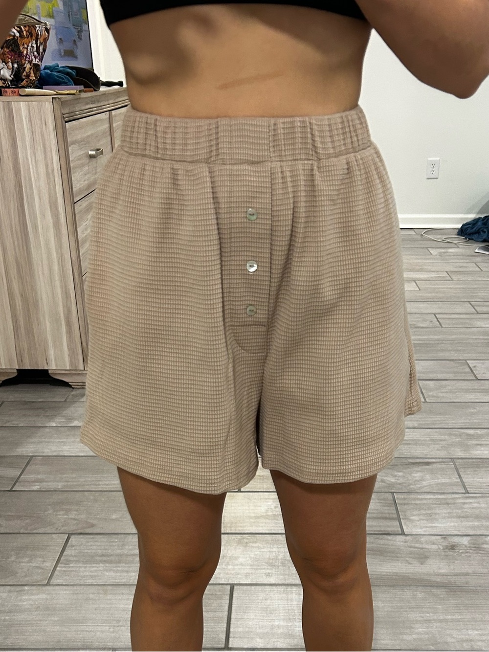 Pink Lily Beige Waffle Knit Lounge Shorts